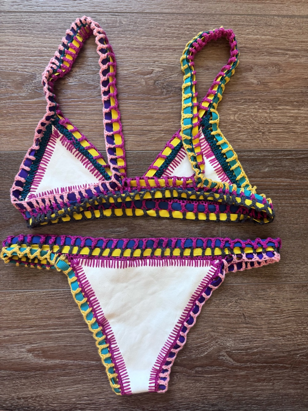 KIINI Crochet Trim White Bikini with Pink, Yellow, Teal & Purple Accents (Small) - Picture 2 of 6